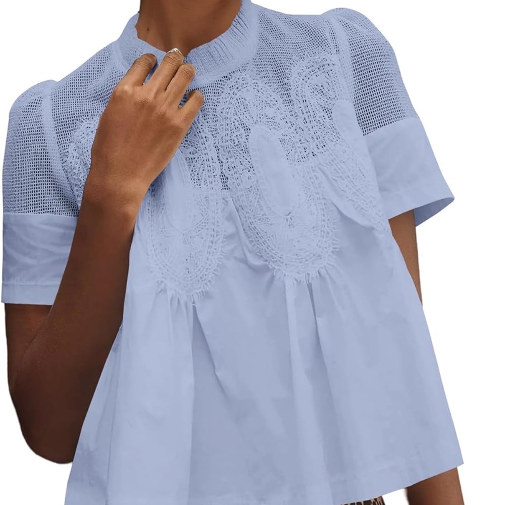 Chic Light Blue Women's Lace Blouse